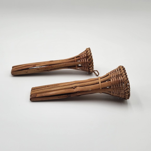 Vintage Natural Handwoven Burnt Bamboo Wall Pocket Pair of Rattan Style Sconces - Picture 4 of 8